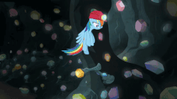 Size: 720x404 | Tagged: safe, screencap, rainbow dash, rarity, pegasus, pony, unicorn, g4, the end in friend, animated, boots, broken, cart, cave, collision, duo, female, gem, gem cave, glitter boots, helmet, mare, mining helmet, neckerchief, on back, rainbow crash, shattered, shocked, shoes