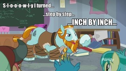 Size: 960x540 | Tagged: safe, screencap, gallus, rockhoof, sandbar, yona, earth pony, pony, yak, a rockhoof and a hard place, g4, beard, clothes, crouching, facial hair, image macro, leg wraps, male, meme, moustache, rockhoof's shovel, shovel, silly, solo focus, stallion, the three stooges, very silly
