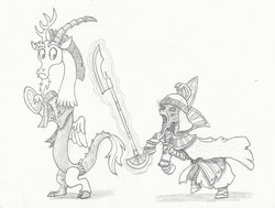 Size: 1786x1353 | Tagged: safe, artist:sensko, discord, draconequus, pony, undead, g4, crossover, dish, duo, glaive, grayscale, magic, magic aura, male, monochrome, mummy, newbie artist training grounds, pencil drawing, ponified, rearing, settra the imperishable, stallion, telekinesis, tomb kings, traditional art, warhammer (game), warhammer fantasy, weapon
