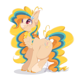 Size: 1024x1031 | Tagged: safe, artist:pvrii, oc, oc only, oc:party popper, earth pony, pony, chest fluff, cute, digital art, ear fluff, ear piercing, female, mare, multicolored hair, multicolored mane, multicolored tail, ocbetes, piercing, red eyes, signature, simple background, smiling, solo, transparent background