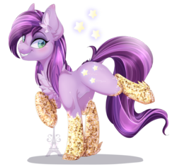 Size: 1024x968 | Tagged: safe, artist:pvrii, oc, oc only, oc:glitter sweets, earth pony, pony, chest fluff, clothes, cutie mark, digital art, ear fluff, female, looking sideways, mare, purple hair, purple mane, purple tail, signature, simple background, smiling, socks, solo, transparent background