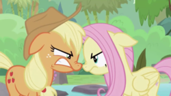 Size: 1334x750 | Tagged: safe, screencap, applejack, fluttershy, earth pony, pegasus, pony, g4, sounds of silence, angry, bamboo, duo, female, mare, nose to nose, nose wrinkle, teeth