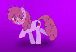 Size: 1175x807 | Tagged: safe, artist:wyezee, berry punch, berryshine, earth pony, pony, g4, blushing, drunk, looking at you, purple background, simple background