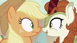 Size: 1334x750 | Tagged: safe, screencap, applejack, autumn blaze, kirin, pony, g4, sounds of silence, duo, female, mare, nose to nose, nose wrinkle