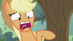 Size: 1334x750 | Tagged: safe, screencap, applejack, earth pony, pony, g4, sounds of silence, female, mare, open mouth, scared, solo, tongue out, uvula, yelling