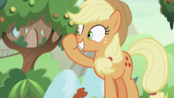 Size: 1334x750 | Tagged: safe, screencap, applejack, earth pony, pony, g4, sounds of silence, awkward smile, boop, female, fountain, glimmerposting, grin, mare, meme, rubbing nose, self-boop, smiling, solo, water