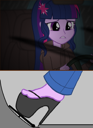 Size: 1029x1417 | Tagged: safe, artist:colonel-majora-777, edit, twilight sparkle, equestria girls, g4, clothes, cropped, driving, female, high heels, legs, pedal, pictures of legs, platform heels, platform shoes, shoes, solo, twilight sparkle (alicorn)