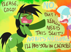 Size: 750x550 | Tagged: safe, coco pommel, oc, earth pony, pony, g4, begging, cactus, duo, female, male, mare, open mouth, stallion