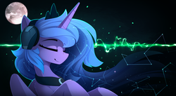 Size: 2150x1175 | Tagged: safe, artist:yakovlev-vad, princess luna, alicorn, pony, g4, constellation, constellation hair, crown, ethereal mane, eyes closed, female, headphones, jewelry, listening, mare, moon, peytral, regalia, slender, smiling, solo, starry mane, thin, wallpaper