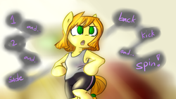 Size: 2732x1536 | Tagged: safe, artist:spheedc, oc, oc only, oc:sweet corn, earth pony, pony, semi-anthro, arm hooves, bipedal, blurry background, clothes, dancing, digital art, exercise, female, mare, solo, speech bubble