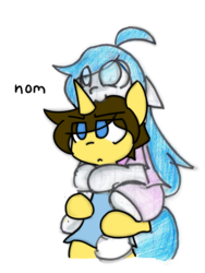 Size: 951x1265 | Tagged: safe, alternate version, artist:spheedc, oc, oc only, oc:dream chaser, oc:light chaser, earth pony, unicorn, semi-anthro, arm hooves, bipedal, brother and sister, clothes, digital art, female, male, mare, nom, piggyback ride, simple background, stallion, traditional art, transparent background