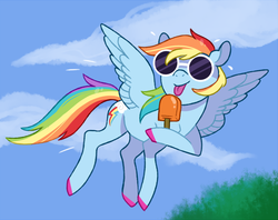Size: 980x775 | Tagged: safe, artist:jellybeanbullet, rainbow dash, pegasus, pony, g4, female, flying, food, licking, popsicle, scene interpretation, solo, sunglasses, tongue out