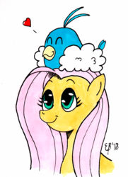 Size: 800x1104 | Tagged: safe, artist:cartoon-eric, fluttershy, pegasus, pony, swablu, g4, bust, crossover, female, heart, looking up, mare, pokémon, portrait, simple background, sitting on head, smiling, solo, traditional art, white background