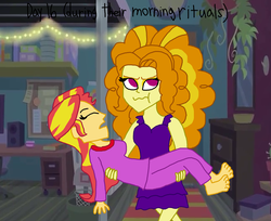 Size: 2000x1634 | Tagged: safe, artist:ktd1993, adagio dazzle, sunset shimmer, equestria girls, g4, 30 day otp challenge, bridal carry, carrying, clothes, feet, female, lesbian, pajamas, ship:sunsagio, shipping