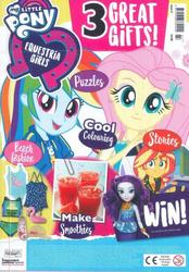 Size: 417x600 | Tagged: safe, fluttershy, rainbow dash, rarity, sunset shimmer, driving miss shimmer, equestria girls, equestria girls series, g4, official, equestria girls logo, female, geode of empathy, geode of super speed, magazine, magazine cover, magical geodes, merchandise, smiling