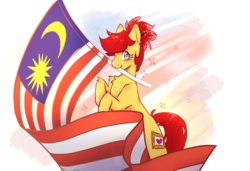 Size: 1280x875 | Tagged: safe, artist:myralilth, oc, oc only, oc:rosa blossomheart, earth pony, pony, female, flag, looking at you, malaysia, mare, mouth hold, solo