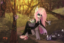 Size: 3000x2000 | Tagged: safe, artist:magicbalance, oc, oc only, oc:tarot, classical unicorn, firefly (insect), pony, unicorn, basket, cloak, clothes, cloven hooves, crystal, curved horn, detailed background, digital art, digital painting, ear piercing, female, floppy ears, flower, forest, freckles, happy, high res, horn, leonine tail, long mane, long tail, looking down, magic, mare, mushroom, palomino, piercing, pink mane, smiling, solo, tree, unshorn fetlocks, ych result