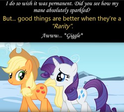 Size: 1916x1732 | Tagged: safe, edit, edited screencap, editor:leonidus, screencap, applejack, rarity, g4, the crystal empire, awww, dialogue, duo, female, giggling, shipping fuel, snow, text
