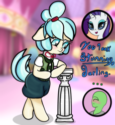 Size: 1920x2100 | Tagged: safe, artist:undisputed, coco pommel, rarity, oc, oc:anon, earth pony, human, pony, g4, 4chan, animal crossing, bipedal, blushing, carousel boutique, clothes, cocobetes, colored, cute, darling, dialogue, drawthread, floppy ears, isabelle, shy, standing, trio