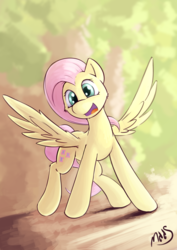 Size: 2480x3508 | Tagged: safe, artist:sea-maas, fluttershy, pegasus, pony, g4, blurry background, female, happy, high res, mare, open mouth, signature, smiling, solo, spread wings, wings