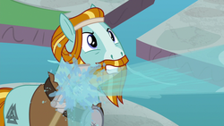 Size: 1280x720 | Tagged: safe, screencap, rockhoof, earth pony, pony, a rockhoof and a hard place, g4, beard, facial hair, firefighting, male, moustache, rockhoof's shovel, solo, stallion, water
