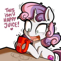 Size: 512x512 | Tagged: safe, artist:anibaruthecat, sweetie belle, pony, unicorn, g4, caffeine, coffee, cup, cutie mark, female, filly, hyperactive, nescafé, open mouth, psycho belle, shivering, simple background, solo, speech, speech bubble, the cmc's cutie marks, this will not end well, transparent background, wide eyes