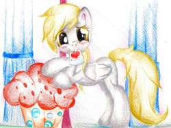 Size: 1024x767 | Tagged: safe, artist:xxsilvixx, derpy hooves, pegasus, pony, g4, female, food, heart, letter, looking at you, mare, muffin, solo, traditional art