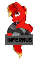 Size: 351x561 | Tagged: safe, artist:beardie, oc, oc only, oc:infernus, pony, badge, clothes, commission, name tag, simple background, socks, solo, striped socks, transparent background