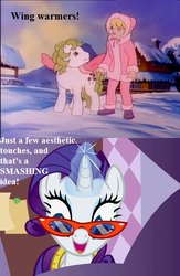 Size: 416x640 | Tagged: safe, edit, edited screencap, editor:korora, screencap, megan williams, rarity, surprise, baby it's cold outside, g1, g4, my little pony 'n friends, suited for success, carousel boutique, cropped, glasses, magic aura, measuring tape, parka, smiling, snow, text, wing bling, wing warmers, wings
