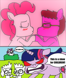 Size: 688x806 | Tagged: safe, artist:logan jones, pinkie pie, sweetie belle, twilight sparkle, oc, oc:logan berry, alicorn, earth pony, pony, unicorn, g4, 1000 hours in ms paint, about to kiss, angry, anime, bush, bushicorn, colt, cross-popping veins, female, filly, glasses, glowing eyes, impact font, loganpie, male, mare, oh come on, scared, shipping denied, straight, twilight sparkle (alicorn)