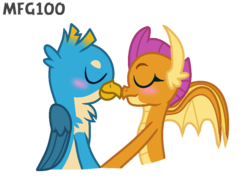 Size: 930x694 | Tagged: safe, artist:mixelfangirl100, gallus, smolder, dragon, griffon, g4, blushing, cute, eyes closed, female, gallabetes, holding hands, male, nuzzling, shipping, simple background, smolderbetes, smollus, straight, transparent background