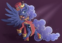Size: 3896x2717 | Tagged: safe, artist:eljonek, idw, princess luna, alicorn, pony, g4, spoiler:comic, bowtie, female, hat, high heels, high res, looking at you, looking back, looking back at you, mare, moon, shoes, solo, top hat
