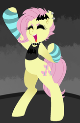 Size: 598x919 | Tagged: safe, artist:/d/non, fluttershy, pony, equestria girls, equestria girls specials, g4, my little pony equestria girls: better together, my little pony equestria girls: rollercoaster of friendship, alternate hairstyle, bipedal, choker, chokershy, clothes, ear piercing, equestria girls ponified, eyes closed, female, flutterpunk, piercing, ponified, smiling, solo, spiked choker