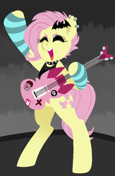 Size: 598x919 | Tagged: safe, artist:/d/non, fluttershy, pony, equestria girls, equestria girls series, g4, rollercoaster of friendship, alternate hairstyle, bad guitar anatomy, bipedal, clothes, ear piercing, electric guitar, equestria girls ponified, eyes closed, female, flutterpunk, guitar, musical instrument, piercing, ponified, punk rock, smiling, solo
