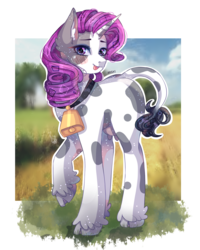 Size: 1108x1386 | Tagged: safe, artist:asttefany, rarity, cow, g4, :p, bell, blushing, cloven hooves, cowbell, female, raised hoof, raricow, silly, simple background, solo, species swap, tongue out, transparent background, udder
