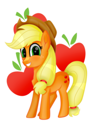 Size: 1000x1333 | Tagged: safe, artist:n0kkun, applejack, earth pony, pony, g4, cutie mark background, female, hat, simple background, smiling, solo, transparent background