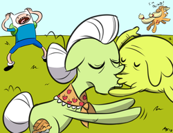 Size: 2048x1583 | Tagged: safe, artist:megasweet, color edit, edit, applejack, granny smith, earth pony, human, pony, g4, adventure time, butt, colored, crossover, crossover shipping, female, finn the human, kissing, lesbian, lesbian in front of boys, light skin, male, mare, not salmon, plot, shipping, tree trunks, wat, wtf