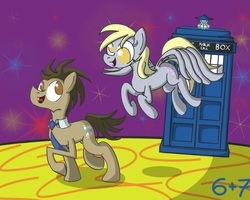 Size: 1000x800 | Tagged: safe, artist:sixes&sevens, derpibooru exclusive, derpy hooves, doctor whooves, time turner, earth pony, pegasus, pony, g4, doctor who, duo, female, male, mare, stallion, stars, tardis, the doctor