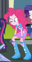 Size: 223x423 | Tagged: safe, screencap, pinkie pie, rarity, sci-twi, twilight sparkle, equestria girls, g4, get the show on the road, my little pony equestria girls: summertime shorts, boots, clothes, cropped, female, geode of sugar bombs, hand on knee, offscreen character, shoes, skirt, solo focus, squatting