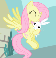 Size: 766x800 | Tagged: safe, screencap, angel bunny, fluttershy, pegasus, pony, rabbit, g4, the ticket master, cute, duo, eyes closed, female, flying, hug, mare, shyabetes