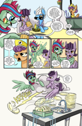 Size: 6600x10200 | Tagged: safe, artist:lytlethelemur, oc, oc:gimbal lock, pegasus, pony, comic:ponies in the outfield, absurd resolution, cloud, comic, dishes, dishwashing, female, food, hair net, lightning, male, mare, mug, stallion