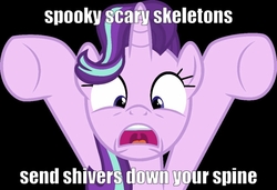 Size: 1000x684 | Tagged: safe, artist:cloudy glow, edit, editor:axal-5, starlight glimmer, pony, unicorn, g4, road to friendship, black background, female, halloween, holiday, mare, open mouth, simple background, solo, song reference, spooky, spooky scary skeleton, text, text edit, uvula, vector, wide eyes