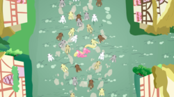 Size: 1440x808 | Tagged: safe, screencap, lily, lily valley, earth pony, pony, rabbit, applebuck season, g4, season 2, bunny stampede, fainted, female, flower, flower in hair, from above, mare, outdoors, overhead view, ponyville, profile, stampede, street