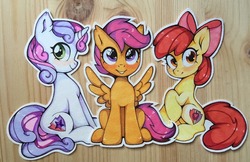 Size: 1280x829 | Tagged: safe, artist:lispp, apple bloom, scootaloo, sweetie belle, earth pony, pegasus, pony, unicorn, g4, adorabloom, blushing, cute, cutealoo, cutie mark, cutie mark crusaders, diasweetes, female, filly, looking at you, the cmc's cutie marks, traditional art