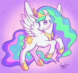 Size: 1064x1000 | Tagged: safe, artist:dolcisprinkles, princess celestia, alicorn, pony, g2, g4, female, g4 to g2, generation leap, hoof shoes, jewelry, looking at you, mare, rearing, regalia, solo, sparkles, starry eyes, style emulation, wingding eyes
