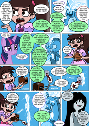 Size: 800x1133 | Tagged: safe, artist:imbriaart, discord, twilight sparkle, alicorn, draconequus, human, pony, comic:magic princess war, g4, adventure time, comic, crossdressing, crossover, disguise, male, marceline, marco diaz, pizza cutter, star vs the forces of evil, twilight sparkle (alicorn)