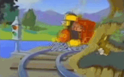 Size: 609x381 | Tagged: safe, screencap, steamer (g1), pony, rabbit, g1, animated, big brother ponies, commercial, cow catcher, eyes closed, gif, locomotive, male, rocking, solo, tracks, traditional animation, train, wheeeee