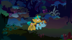 Size: 1440x808 | Tagged: safe, screencap, snails, snips, pony, unicorn, boast busters, g4, bucktooth, colt, duo, everfree forest, foal, male, night, scared, snips and snails