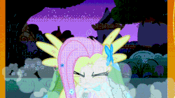 Size: 728x408 | Tagged: safe, edit, edited screencap, screencap, fluttershy, yona, a matter of principals, g4, the best night ever, animated, be my friend, cavegirl, caveman, chest pounding, comparison, female, flutterrage, hole in the wall, smashing, subtitles, yak smash, yelling, you're going to love me
