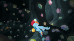 Size: 720x404 | Tagged: safe, screencap, rainbow dash, pegasus, pony, g4, the end in friend, animated, cave, eyes closed, female, gem, gem cave, helmet, loop, mare, mining helmet, pushing, solo